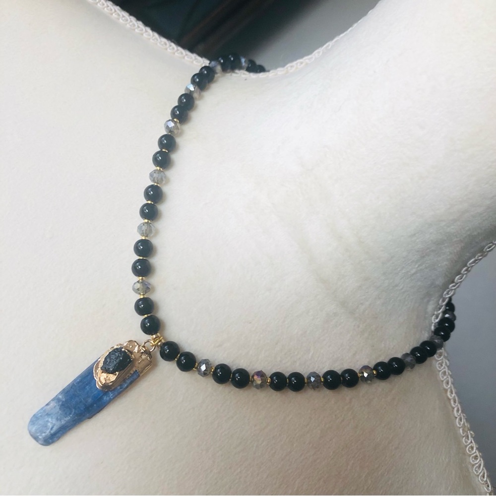 Handcrafted repurpose kyanite and black onyx pendant Czech glass Pearl necklace